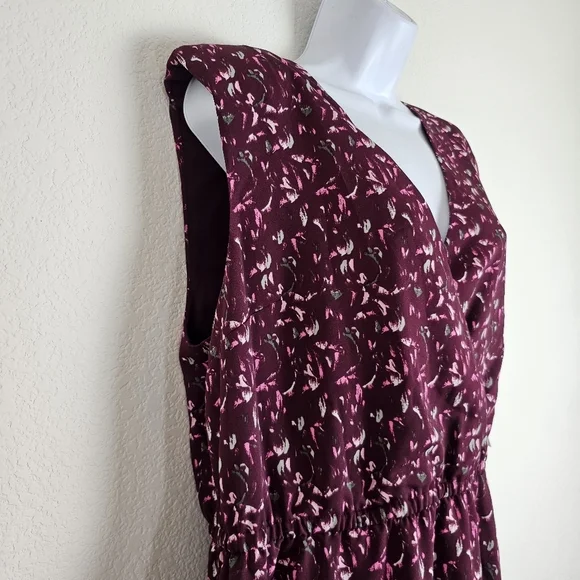 Bar III Burgundy Floral V-Neck Mini Dress XL Draped Skirt Sleeveless - Picture 4 of 15
